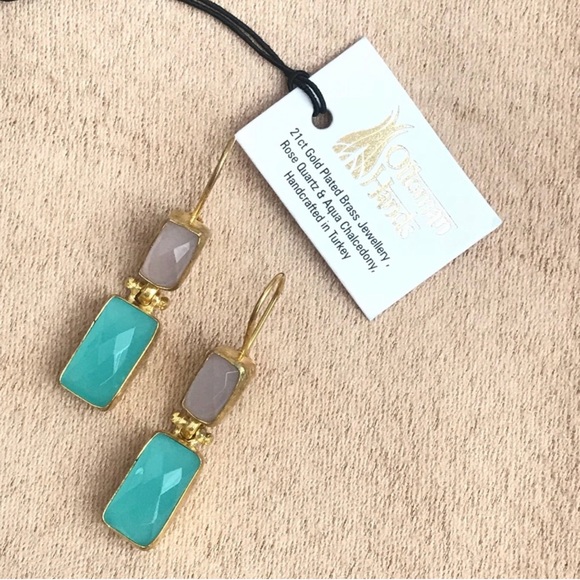 NWT Ottoman Hands Rose Chalcedony Drop Earrings Gold Overlay - Picture 4 of 8